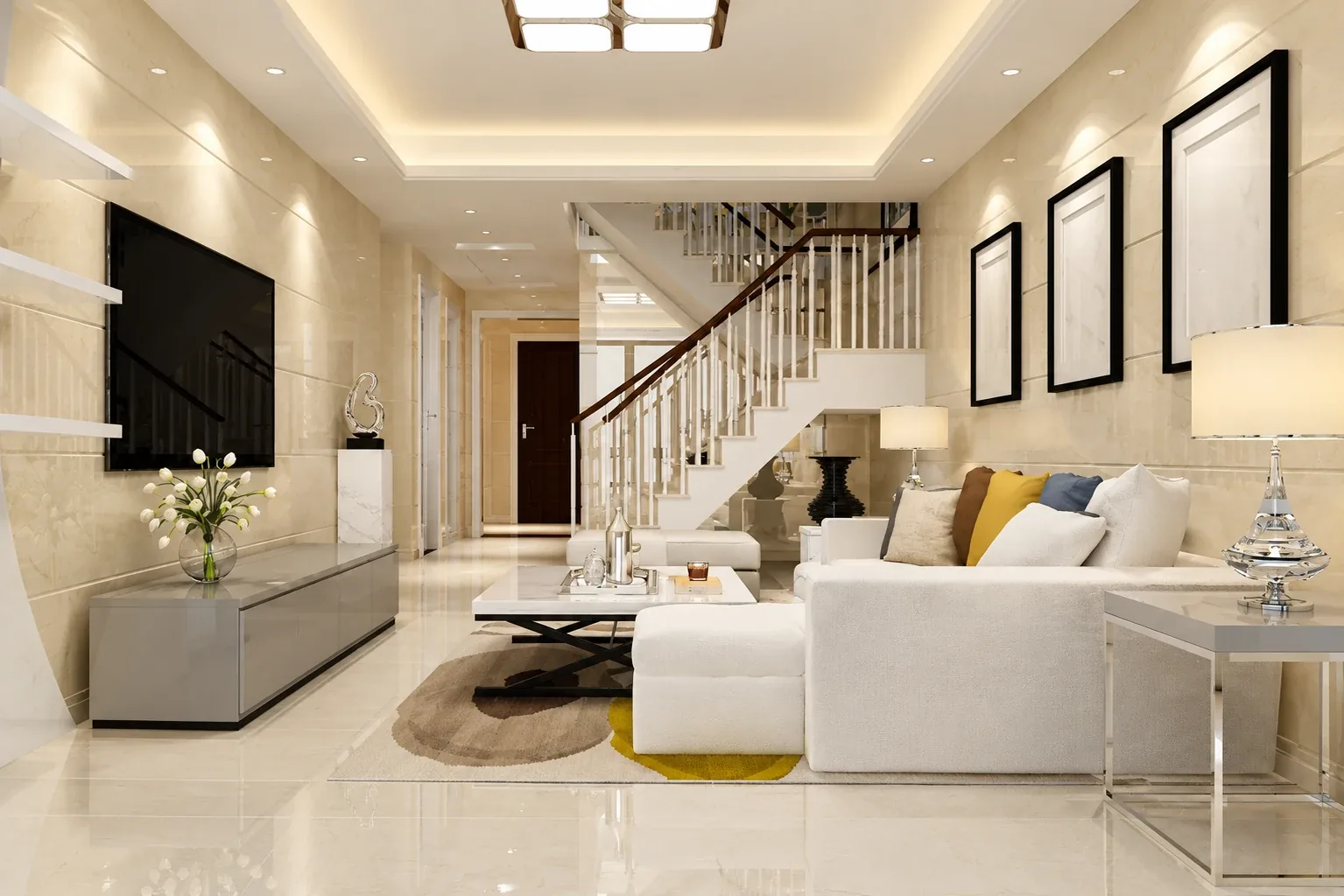 Sala de estar com TV na parede, luminária no teto, escada e sofá